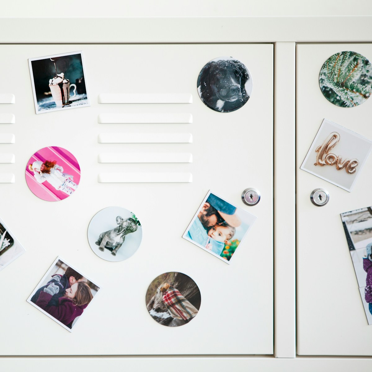 a white refrigerator with magnets and pictures on it